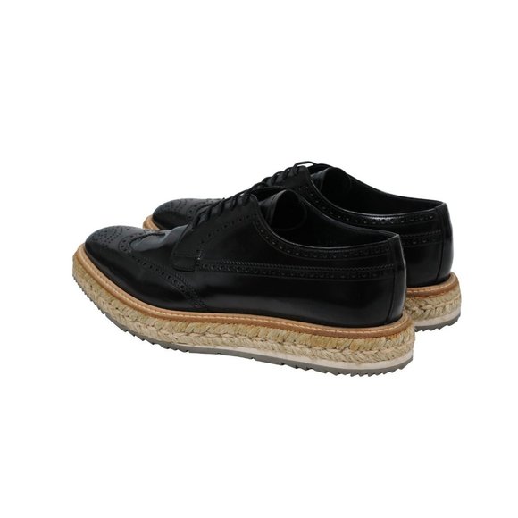 Prada Men Platform Brogue US9.5 UK8.5 Black Leather Wingtip Espadrille Medallion - Picture 5 of 11